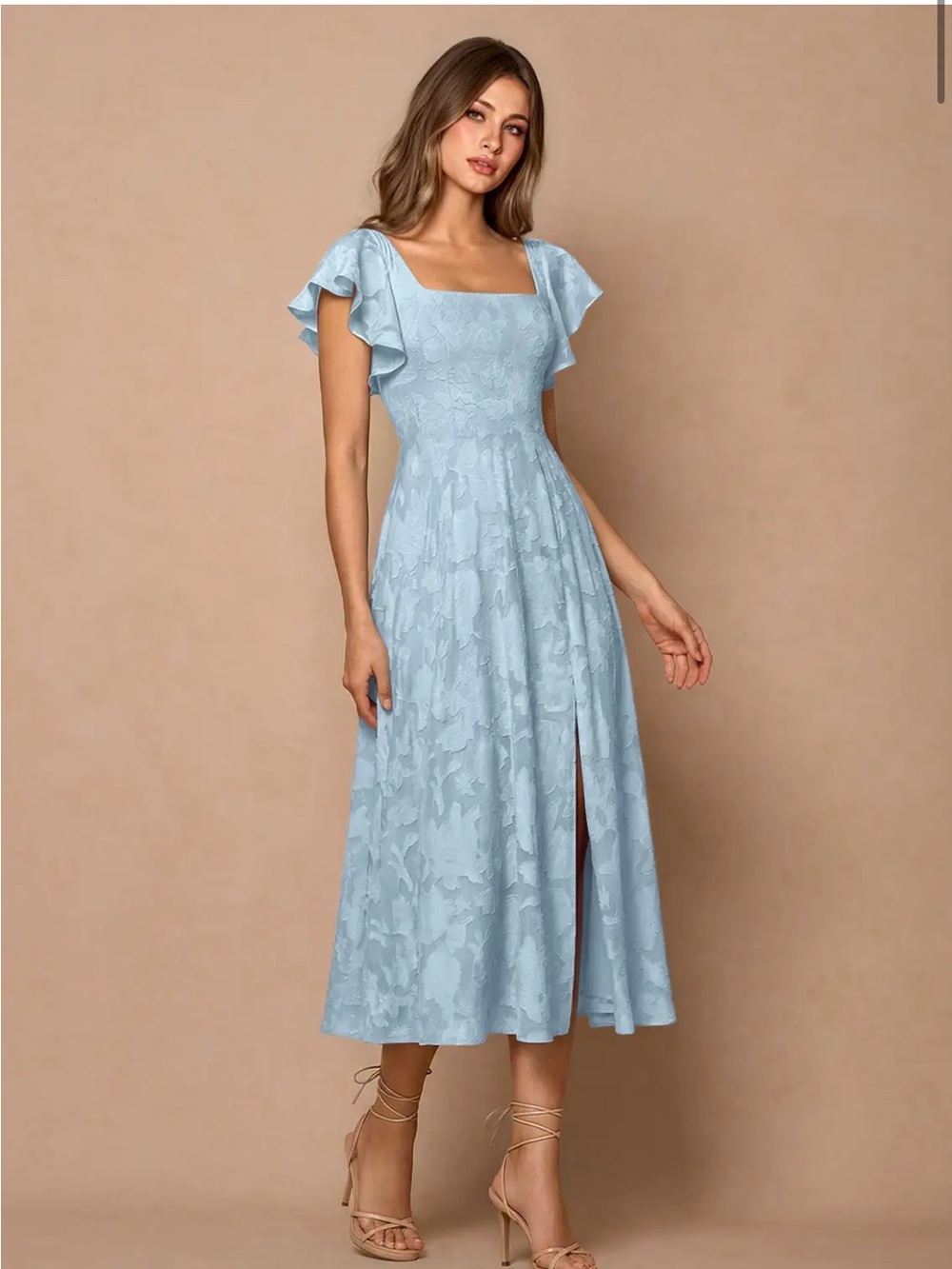 Azazie Talia in Sky Blue Tea Length Dress with Open Back Tie - size 22